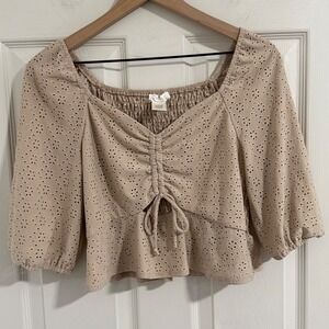 Urban Romantics Babydoll Top Womens Large Tan Eyelet Lace Puff Sleeve Smocked